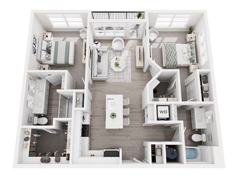 Floor plan layout of 1118 sf two-bedroom apartment with two bathrooms and a balcony.